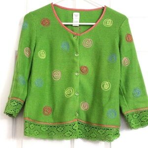 Garnet Hill Lime Green Embroidered Crochet-Hem Cardigan Spring garden girl